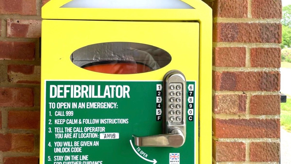 Close-up view of the Granborough defibrillator cabinet