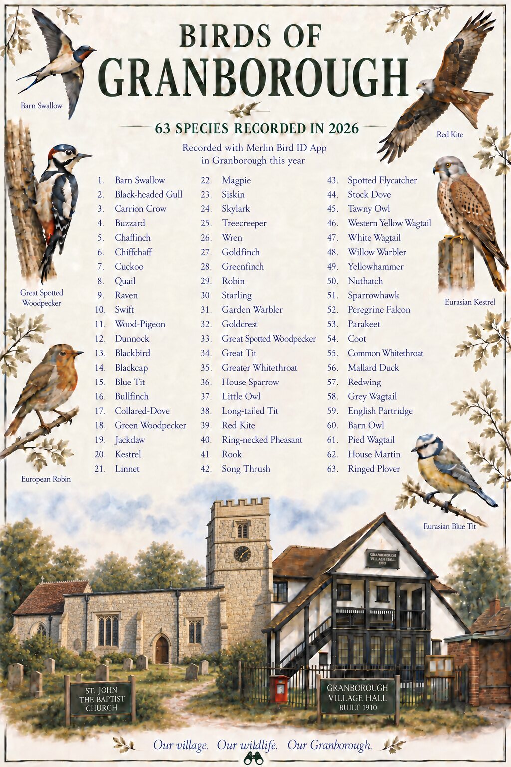 Birds of Granborough poster listing 63 species recorded in 2026